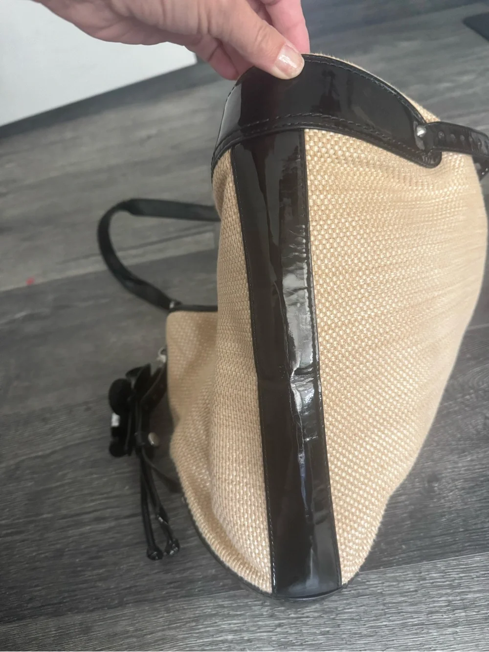 Cole Haan Straw Raffia Shoulder Bag with Black Patent Heather Trim